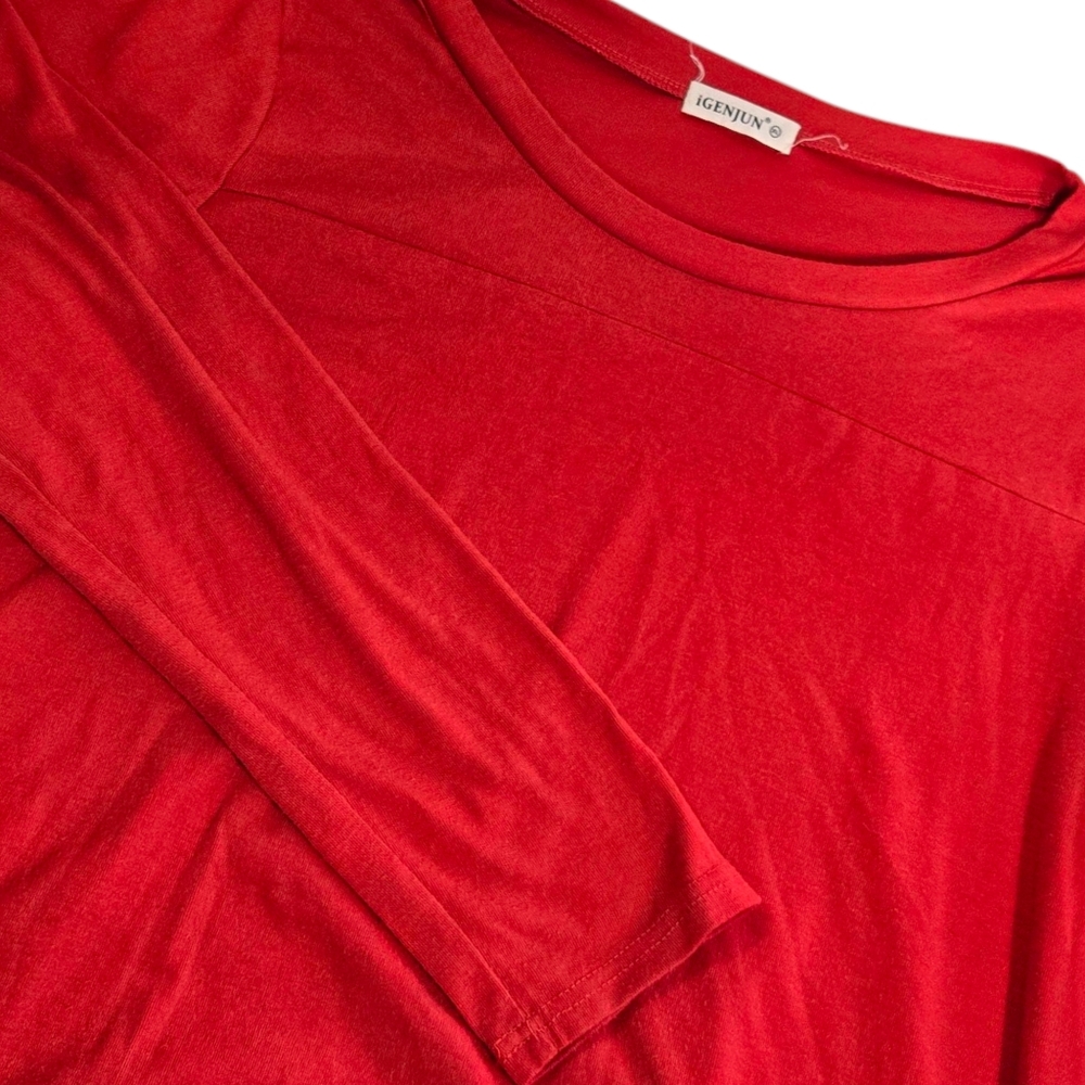 iGENJUN Womens Red Long Sleeve Asymmetrical Button Side‎ Tunic Top
